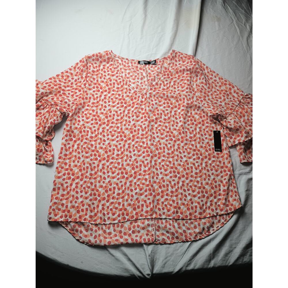 CURE NWT Blouse Women Poka Dot Orange Bell Sleeve Pop Over Size Large